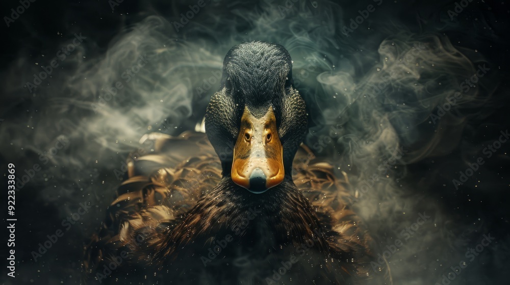 Poster a duck surrounded by wisps of mist in a tranquil setting at dusk