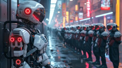 Obraz premium A robot distributing food to a line of impoverished people, futuristic, neon lights, high detail