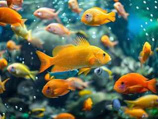 Colorful tropical fish swim among vibrant aquatic plants in a serene aquarium setting