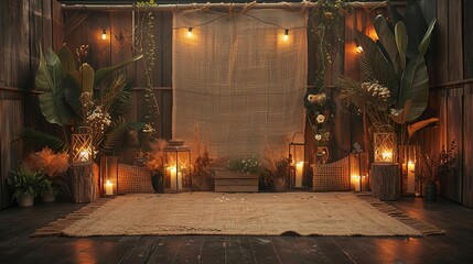 Obraz premium A rustic podium with burlap and twine accents, warm lighting, showcasing handmade crafts
