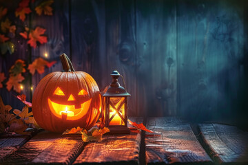 Obraz premium Glowing Jack-O-Lantern and Lantern on Wooden Table for Halloween