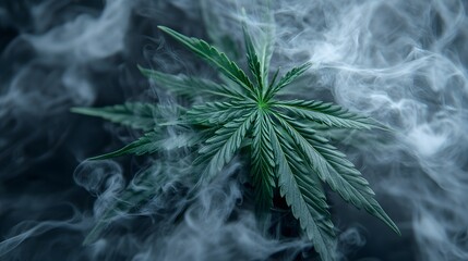 Marijuana leaves on a smoke background, close up top view on cannabis leaves and branches on smoke background for alternative medical and marketing design concept