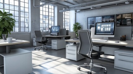 Tech-Savvy Workspace: Contemporary Office with Stylish Desks, Ergonomic Chairs, and High-Tech Computers