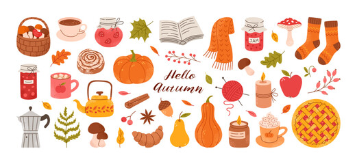 Cozy hand drawn autumn elements. Cute fall stickers, scarf, candles, hot cocoa, socks, pie, pumpkin spice latte, mug, jam, leaves, mushrooms. Vector flat illustration. Perfect for scrapbooking. © Anna Bova