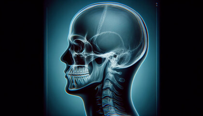 X-ray image of a human head, showing detailed structure of the skull and facial bones