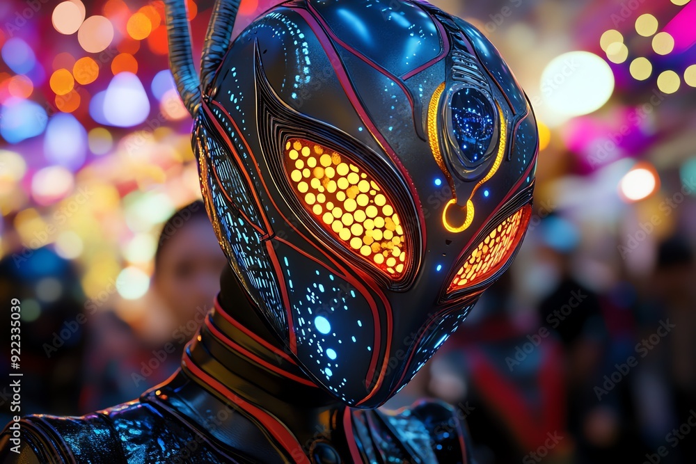 Poster futuristic robotic alien with glowing eyes in a vibrant, colorful environment, showcasing advanced t