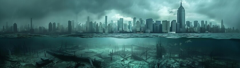 Fototapeta premium A surreal image of a city submerged under water, halfvisible skyscrapers, dark tones