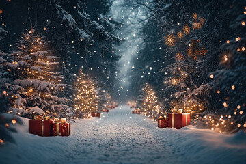 Snowfall in a Christmas Forest Garden with Twinkling Lights and Wrapped Holiday Gifts