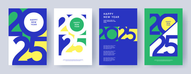 Creative concept of 2025 Happy New Year posters set. Design templates with typography logo 2025 for celebration and season decoration. Minimalistic trendy backgrounds for branding, banner, cover, card