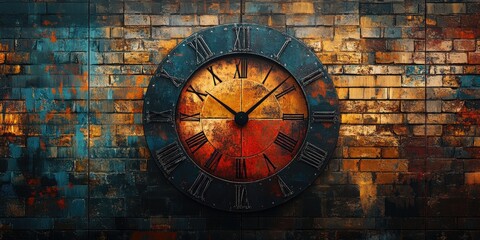 Obraz premium Rustic Clock Face on a Distressed Brick Wall