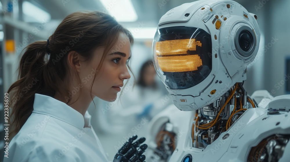 Poster humanity meets robotics: a female scientist observes a humanoid robot with curiosity, showcasing the