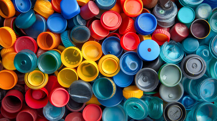 Top view of plastic containers, A pile of colorful plastic bottle caps and bottles