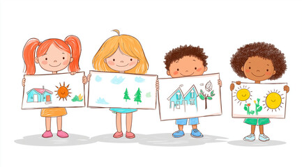 Naklejka premium 4 children are holding drawings of their family, houses and suns in their hands. white background.