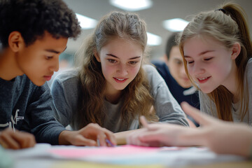 Obraz premium A group of diverse students engaged in collaborative learning, exploring ideas and sharing insights around a table.