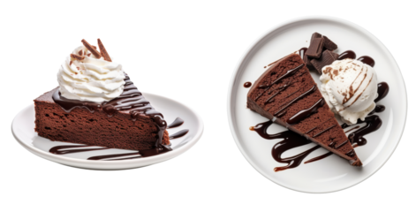 Delicious plate of slice of chocolate cake with vanilla ,side and top view, isolated on a transparent background ,PNG 