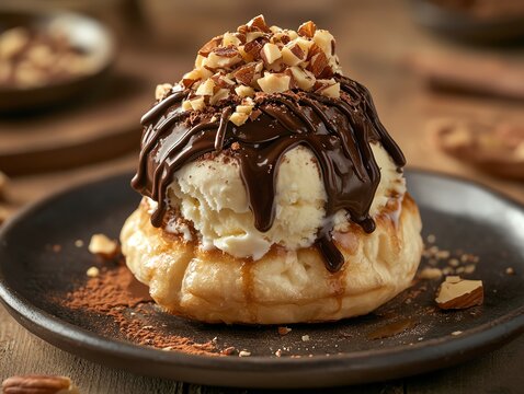 Cream puff filled with nougat ice cream, topped with a drizzle of chocolate and sprinkled with crushed nuts, cream puff nougat ice cream, decadent dessert fusion