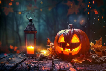 Halloween Jack-O-Lantern with Candle Lantern on Rustic Table in Spooky Forest