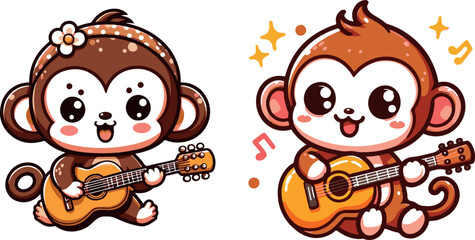 Cute Monkey Playing Guitar Cartoon Graphic