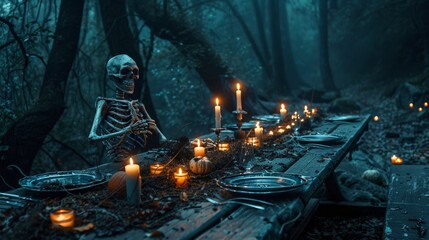 A spooky wooden table setup with a skeleton centerpiece, glowing candles, and a space for a Halloween banner in a dark, eerie forest