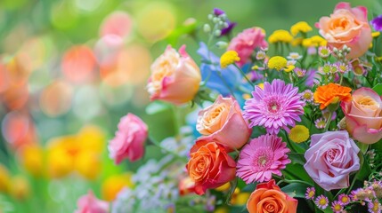 A beautiful flower background with a close-up of a blooming bouquet of various flowers in vivid colors, including roses, tulips, and daisies, against a blurred green garden backdrop, creating a fresh