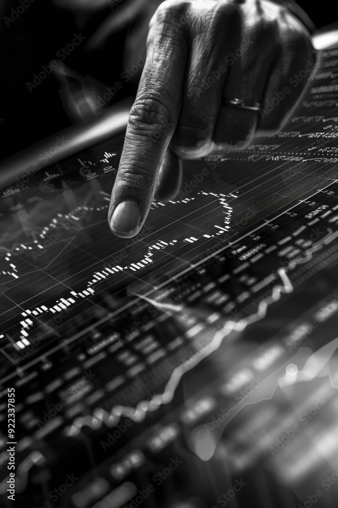 Poster a man's hand on a table pointing to financial charts and graphs.