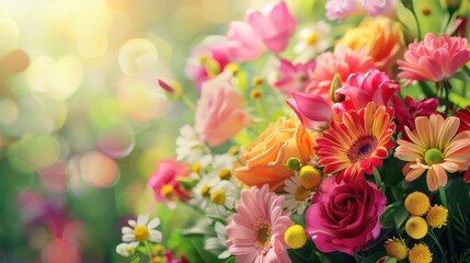 Obraz premium A beautiful flower background with a close-up of a blooming bouquet of various flowers in vivid colors, including roses, tulips, and daisies, against a blurred green garden backdrop, creating a fresh