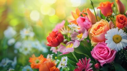 Fototapeta premium A beautiful flower background with a close-up of a blooming bouquet of various flowers in vivid colors, including roses, tulips, and daisies, against a blurred green garden backdrop, creating a fresh