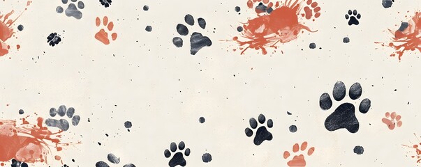 Abstract Background with Scattered Paw Prints and Paint Splashes