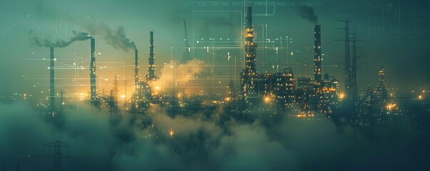 Obraz premium An industrial landscape with a holographic overlay of pollution data, dark tones, high contrast