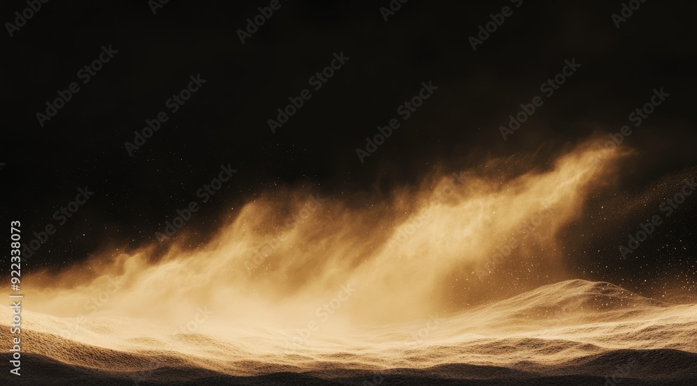 Poster a mesmerizing display of swirling gold sands illuminated against a dark background, creating a stunn