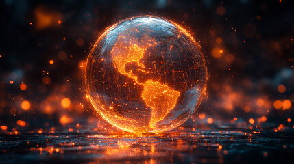 Planet Earth Ablaze: A digital rendering of Earth engulfed in a fiery glow, emphasizing the Americas, symbolizing global warming or technological advancement. 
