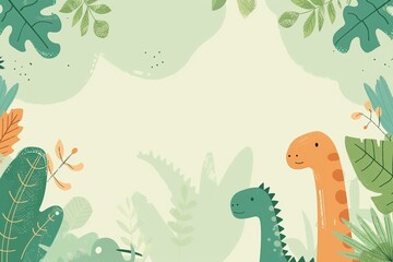 Obraz premium Cute dinosaur-themed background with playful cartoon dinosaurs and leafy plants