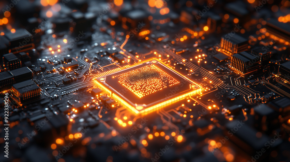 Poster the heart of innovation: a mesmerizing close-up of a glowing cpu chip embedded in a circuit board, r