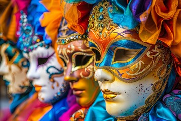 Close up of colorful Venetian masks with intricate details.