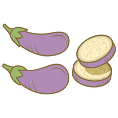 Whole eggplant and slices.Aubergine vegetarian food.Healthy food design.Isolated on white background.Cartoon vector illustration.Eggplant icon.Food vegetable.