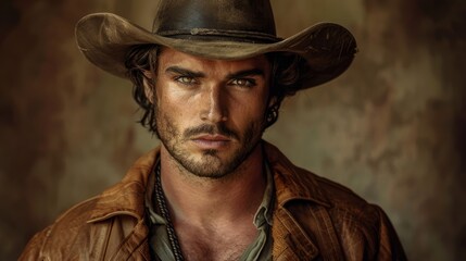 Young cowboy gazes thoughtfully against a rustic background in a sunlit environment