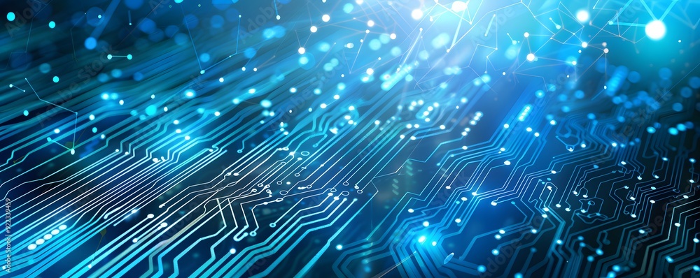 Poster abstract blue circuit board with glowing lines and nodes