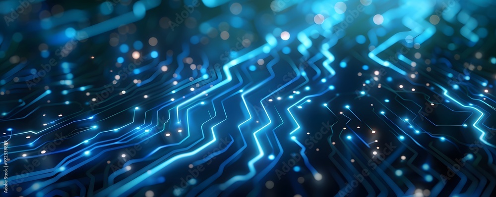 Poster abstract blue circuit board with glowing lines and bokeh