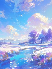 Fototapeta premium Whimsical Winter Cityscape: Anime-Style 4K Illustration of Children Playing in Snowy Wonderland. Cozy Campfire in Frosty Forest Contrasts with Vibrant Urban Skyline. Perfect for Creative Marketing, Ga