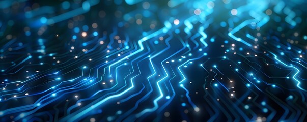 Obraz premium Abstract Blue Circuit Board with Glowing Lines and Bokeh
