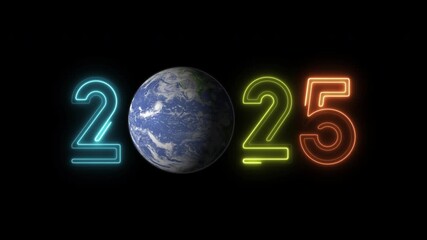 2025 concept of new year beginning, happy celebration, festival, new life, growth of business, innovation, environment. Glowing neon line word of 2025 with earth rotating on transparent background.