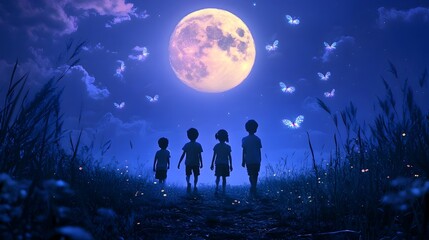 Obraz premium Children Silhouetted Under Glowing Moonlit Sky with Twinkling Stars and Fireflies