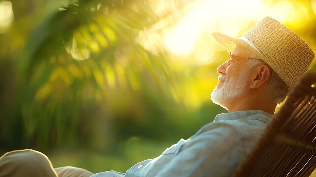 An elderly man relaxes in a serene outdoor setting, enjoying the warm sunlight and gentle breeze surrounded by lush greenery.