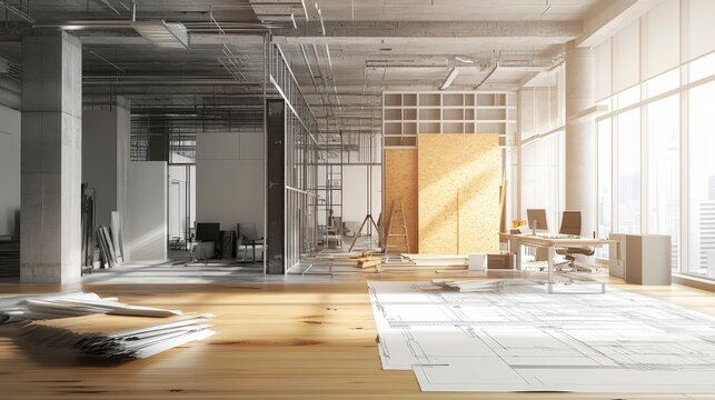 Transformation in Progress: Modern Office Renovation with Construction Materials and Design Plans