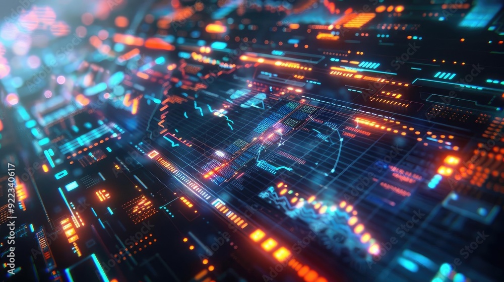 Poster A vibrant digital landscape showcasing abstract data visualization with bright neon colors and intricate patterns.