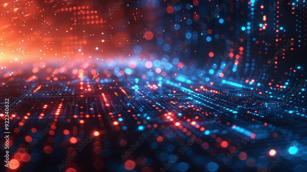 Poster colorful abstract digital background with glowing particles and lines representing data flow