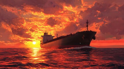 Fototapeta premium A cargo ship sails under a stunning sunset sky, casting a dramatic silhouette over the ocean waters, capturing the essence of maritime adventure.