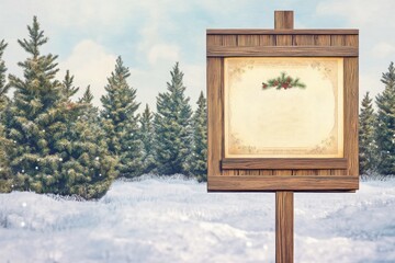 Blank wooden sign with a pine branch, set against a snowy forest scene.  Perfect for winter or holiday themed designs.