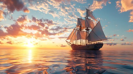 Fototapeta premium A majestic sailing ship glides on tranquil waters under a vibrant sunset sky, evoking a sense of adventure and tranquility.