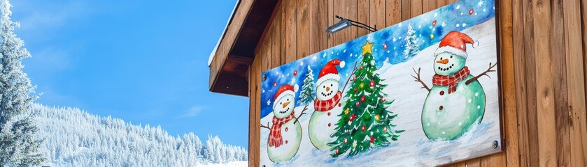 A hand-painted sign with snowmen and a Christmas tree on a wooden wall.